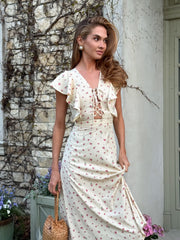 Mathilde Lace-Up Ruffle Midi Dress in Cream Pink Rose