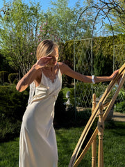 Cléo Lace-Trim Satin Maxi – Milk White