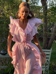 Ariane Ruffle Wrap Maxi Dress in Powder
