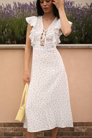 Mathilde Lace-Up Ruffle Midi Dress in White Light Blue Floral