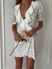 Sandrine Ruffled Collar Mini Dress in White Floral