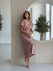 Quitterie Kimono-Sleeve Satin Midi in Pink