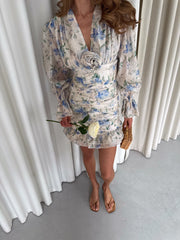 Félicie Floral Ruched Mini Dress in White Floral