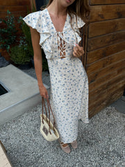 Mathilde Lace-Up Ruffle Midi Dress in White Navy Floral