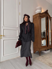 Micheline Strong-Shoulder Short Coat in Dark Grey
