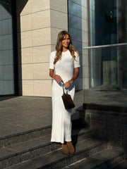Edmée Ribbed Knit Midi Dress in Milk White