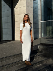 Edmée Ribbed Knit Midi Dress in Milk White
