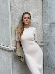 Edmée Ribbed Knit Midi Dress in Milk White