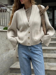 Nicolette Big-Button Knit Cardigan in Cream
