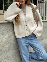 Nicolette Big-Button Knit Cardigan in Cream