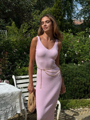 Danaé Ribbed Knit Column Maxi in Pink