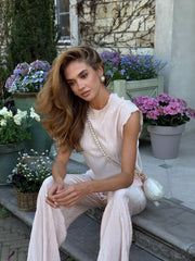 Valérie Crinkle-Pleated Top & Trouser Set in Powder