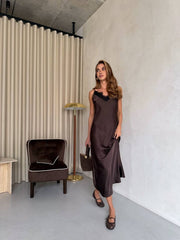 Cassandre Lace-Edge Satin Slip Dress – Chocolate