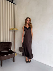 Cassandre Lace-Edge Satin Slip Dress – Chocolate