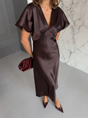 Quitterie Kimono-Sleeve Satin Midi in Chocolate