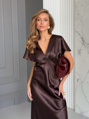 Quitterie Kimono-Sleeve Satin Midi in Chocolate