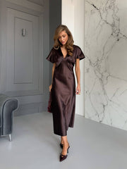 Quitterie Kimono-Sleeve Satin Midi in Chocolate