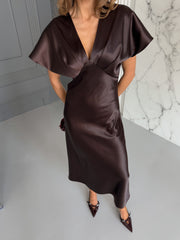Quitterie Kimono-Sleeve Satin Midi in Chocolate