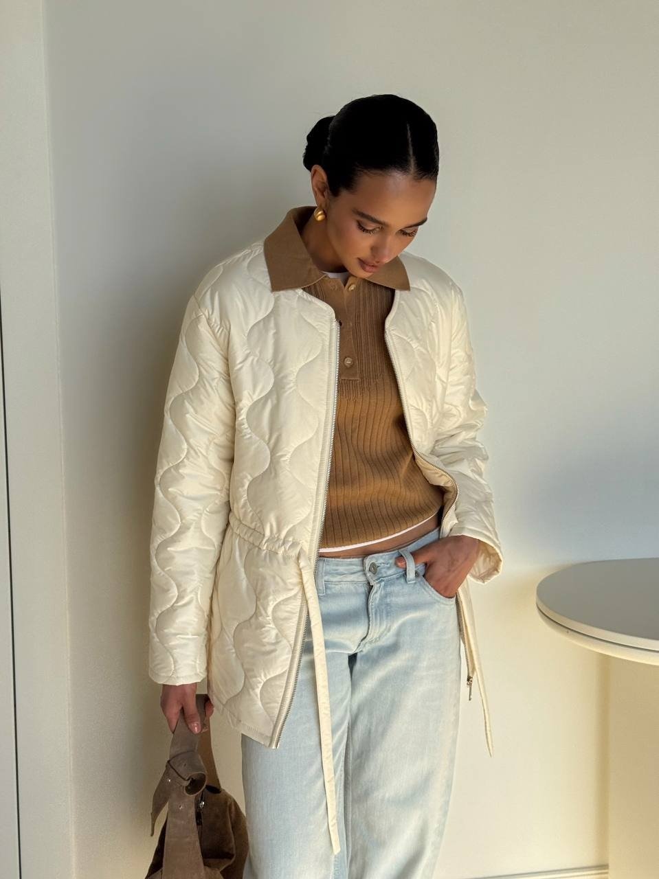 Ombeline Wave-Quilted Belted Jacket in Cream