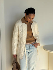 Ombeline Wave-Quilted Belted Jacket in Cream