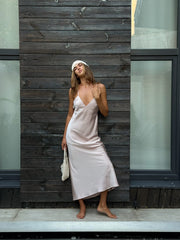 Pierrette Open-Back Satin Maxi in Powder