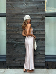Pierrette Open-Back Satin Maxi in Powder