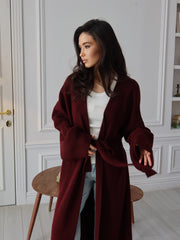 Isabelle Long Wool Wrap Cardigan in Burgundy