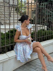 Églantine Floral Organza Mini Dress in White Blue Floral