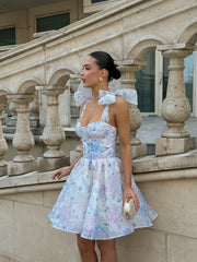 Églantine Floral Organza Mini Dress in White Blue Floral