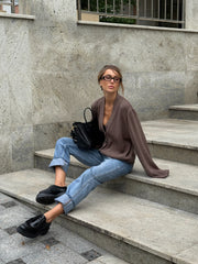 Nicolette Big-Button Knit Cardigan in Beige