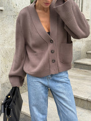 Nicolette Big-Button Knit Cardigan in Beige