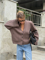 Nicolette Big-Button Knit Cardigan in Beige