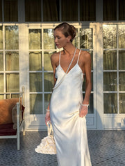Pierrette Open-Back Satin Maxi in Milk White