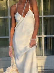Pierrette Open-Back Satin Maxi in Milk White
