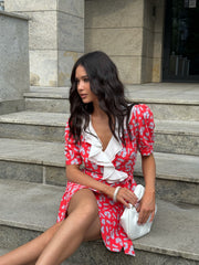 Sandrine Ruffled Collar Mini Dress in Red Floral