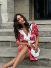 Sandrine Ruffled Collar Mini Dress in Red Floral