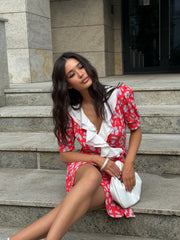 Sandrine Ruffled Collar Mini Dress in Red Floral