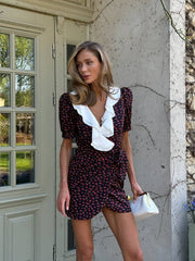 Sandrine Ruffled Collar Mini Dress in Burgundy Floral