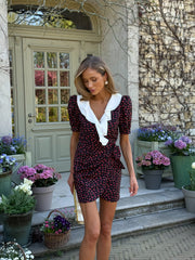 Sandrine Ruffled Collar Mini Dress in Burgundy Floral