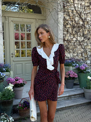 Sandrine Ruffled Collar Mini Dress in Burgundy Floral