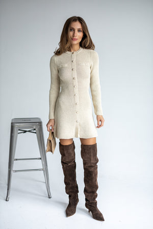 Amandine Ribbed Shirt Dress – Beige