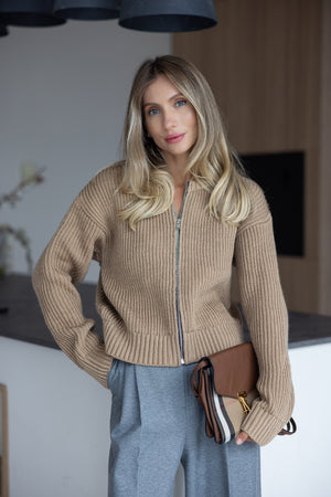 Romy Zip-Front Knit Jacket – Camel