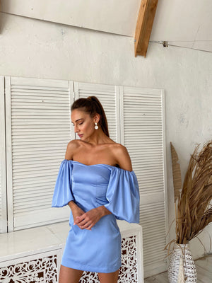 Sylvette Off-Shoulder Satin Mini Dress – Sky Blue