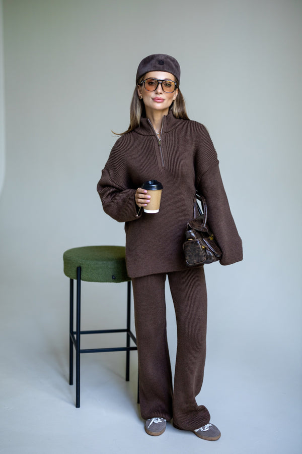 Agathe Half-Zip Knit Set – Brown
