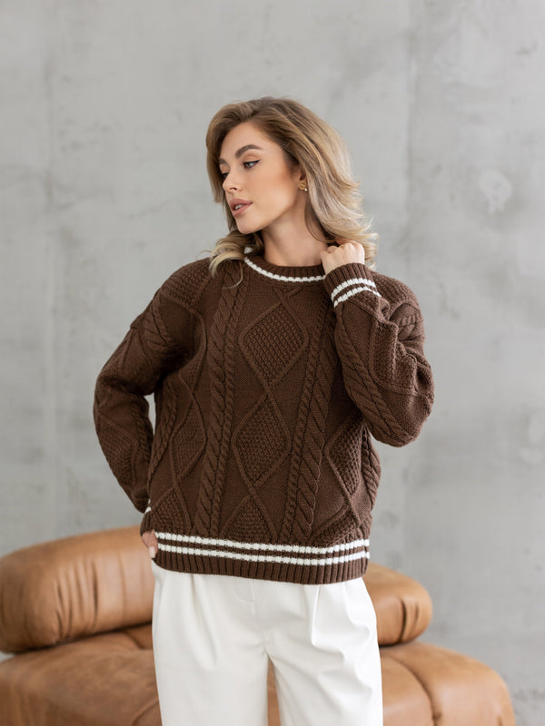 Beatrice Contrast-Trim Cable Sweater – Brown