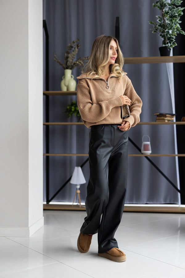 Éliane Half-Zip Cropped Sweater – Camel