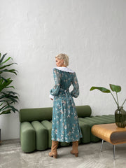 Domitille Collared Floral Midi Dress in Green Floral