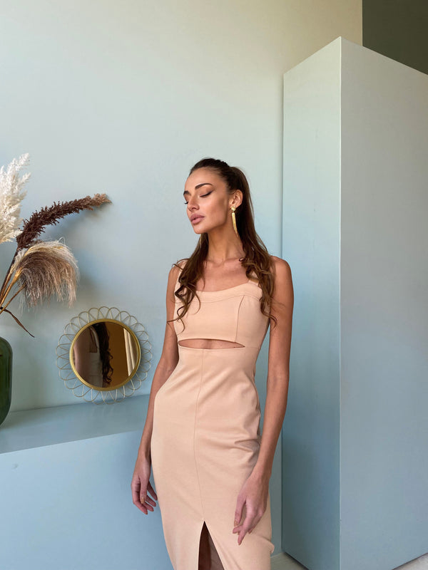 Ondine Cut-Out Knit Midi Dress – Beige