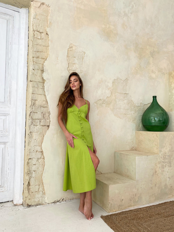 Nolwenn Buttoned Satin Slip Dress – Lime