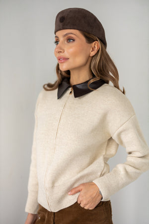 Perrine Collared Cable Sweater – Beige